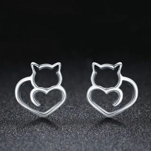 925 Sterling Silver Kitty Cat Heart Earrings